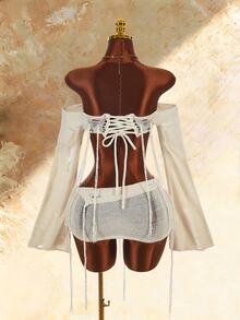 Amplova Women's Knitted 2 Pieces Set Long Sleeve Vintage Distressed Sexy Casual - Apricot - View 2