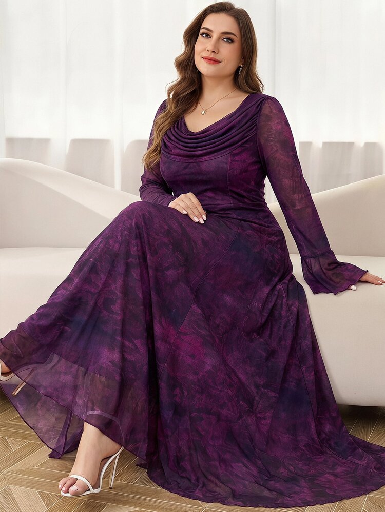 Reflora Plus Size Women's Tie-Dye Elegant Dress With Cowl Neck And Bell Sleeves - Multicolor - View 5