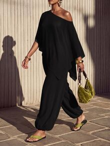 Zivah Women's Summer Solid Color Asymmetrical Shoulder Asymmetrical Hem Top And Jogger Pants Casual Set - Black - View 7