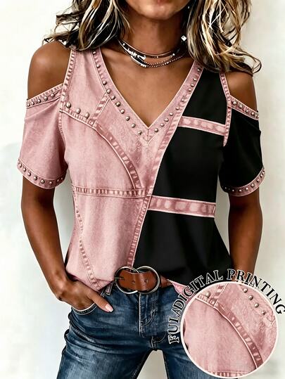 EMERY ROSE 2026 New European And American Style Colorblock Patchwork Cold Shoulder Short Sleeve Top For Women, Vintage V-Neck Rivet Print T-Shirt, Loose Slimming Denim Effect Top, Casual Unique Niche Cut-Out Shoulder Short Base Layer, Western Versatile Outerwear Blouse