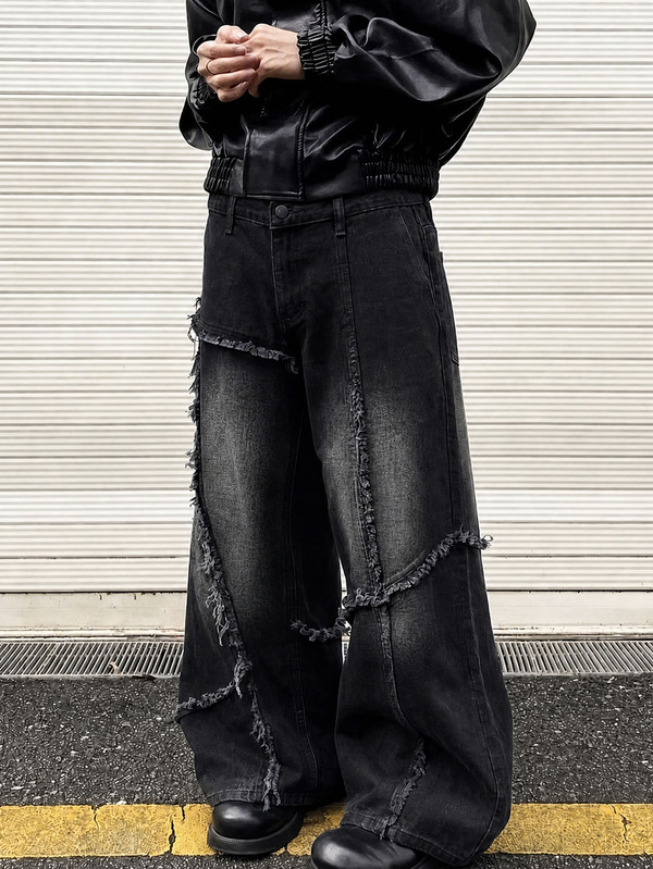 STEELVANCE Herrjeans i denim med lös passform, vida ben, fransad fåll och fickor
