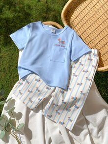 SHEIN Vintaside Kids 2件組男嬰可愛休閒短袖上衣與格紋長褲套裝，適合夏季與旅行 - 藍白色 - 查看 4