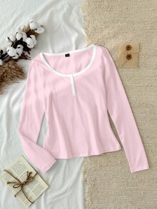 Tseoso 女款棉感粉白配色 95%棉半排扣 T-shirt，百搭四季居家服，優雅休閒時尚日常秋季款 - 彩色 - 查看 8