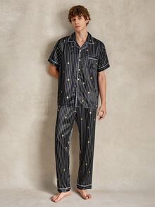 EverLounge Conjunto de ropa de estar en casa casual y lindo para hombres con top de manga corta y pantalones largos para dormir en casa, negro y dorado, verano - Multicolor - Ver 7