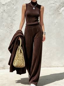 SHEIN Women's Basic Fashion Minimalist Elegant Romantic Commute French Style Dress 3 Pieces Set - Coffee Brown - View 4