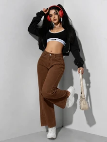 SHEIN PETITE 休閒水洗直筒牛仔褲 - 咖啡棕 - 查看 6