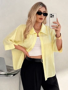 Auralis Plus Size Summer Casual Solid Color Batwing Sleeve Shirt - Light Yellow - View 6