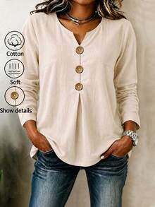 Linhara CURVE Plus Size Women's Solid Color Cotton Shirt, Notch V-Neck Button Decor Long Sleeve Autumn Blouse Fall - Khaki - View 1