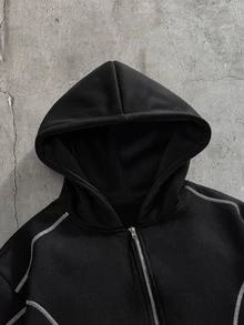 AXEPEAK 男士休閒度假學院風運動拼接撞色帥氣百搭保暖連帽衛衣 - 黑色 - 查看 4