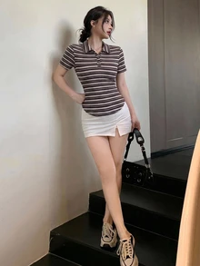 DAZY 夏季女款 Polo 衫，領口短袖修身條紋顯瘦休閒通勤日常街頭風 T-shirt Y2K - 紫色 - 查看 2
