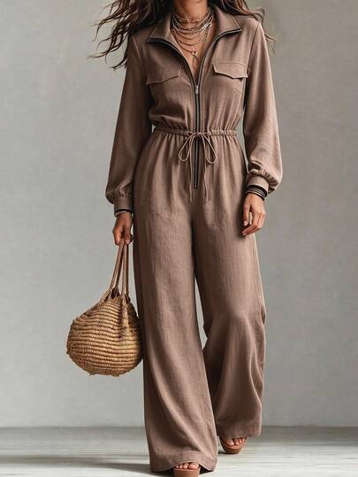 Weeklong Autumn/Winter Plus Size Women's Caramel Woven Stand Collar Zipper Cinched Waist Wide Leg Jumpsuit, Commute Vacation Utility Long Jumpsuit