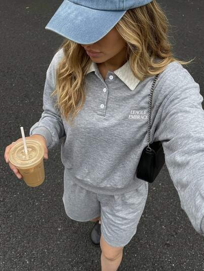 DAZY Autumn/Winter Sporty Letter Decor Loose Fit Sweatshirt Outerwear Women's Loungewear Set