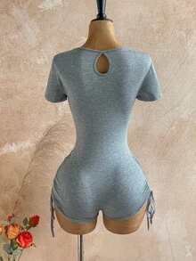 Soleia Women's Plus Size Lace Cowl Neck Pleated Sexy Romper - Dark Grey - View 2
