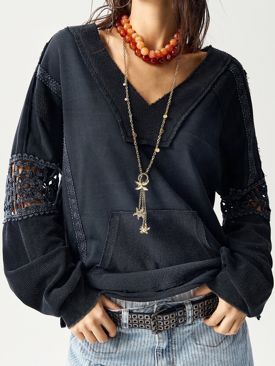 Bohemela Plus Size Women's Patchwork Hollow Design Pocket Loose Casual Sweatshirt Fall - Black - View 1