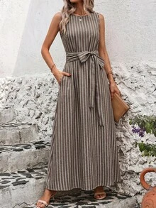 SHEIN Clasi 女款度假條紋口袋無袖極簡風洋裝 - 咖啡 - 查看 7