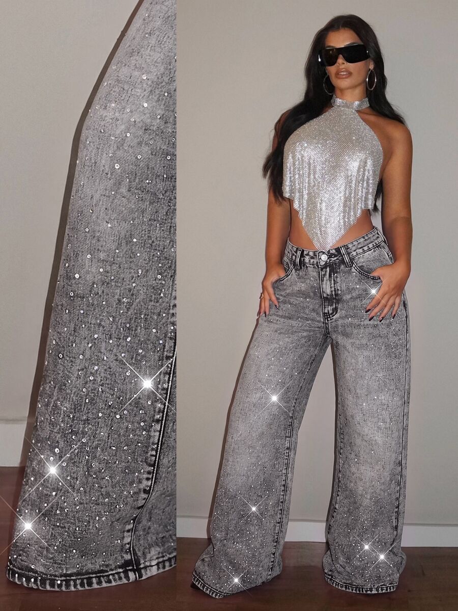 SHEIN PETITE Women's Casual Versatile Daily Travel Denim Jeans With Pockets, Buttons And Rhinestones - Light Grey - View 1