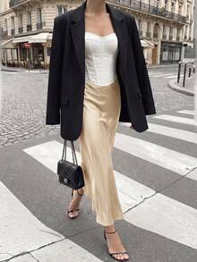 Firerie Elegant Commute Solid Color Satin Long Skirt - Apricot - View 8