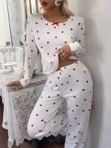 CottageSlumber Women's Heart Polka Dot Print Round Neck Waist Bow Fitted Base Layer Pajama Set - White - View 4