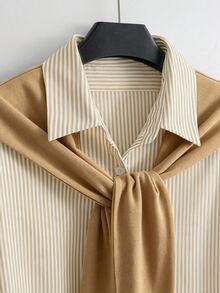 Franclia Set Kemeja dan Rok Bergaris Kasual Musim Gugur untuk Wanita - Khaki - View 3