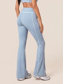 SHEIN BAE Women Light Blue High Waist Flare Leggings Tummy Control Gym Workout Training Running Yoga Athletic Pants - Baby Blue - View 7