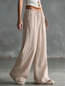 SHEIN EZwear Fall Beige Linen Drawstring Wide Leg Long Pants Women, Elastic Waist, Drapey Loose Straight Floor Length, Casual Home Brunch Commute Vacation - Khaki - View 3