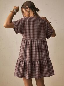 Freevana Plaid Batwing Sleeve Ruffle Hem Loose Dress, Beach Dress, Vacation Bohemian Style, Summer Dresses - Coffee Brown - View 2