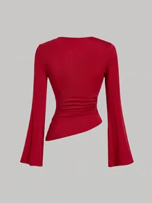 SHEIN MOD 女款 2 件組 酒紅與杏色圓領抓皺腰部喇叭袖不對稱下擺百搭長袖 T 恤內搭層 - 紅色 - 查看 4