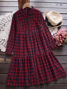 Rusticease Plus Size Plaid Lapel Long Sleeve Button Front Ruffle Trim Casual Shirt Dress Fall Winter 2026 - Multicolor - View 10