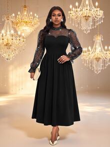 Fleurora Plus Size Women's Patchwork Glitter Mesh Elegant Dress Fall - Black - View 6