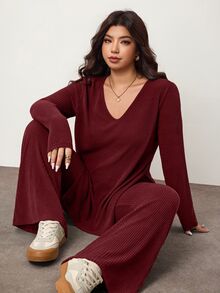 Enliva 大尺碼休閒居家服簡約露肩羅紋兩件套，秋季衣物，冬季衣物，適合圓潤身型曲線 - 酒紅色 - 查看 6