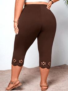 SHEIN CURVE+ Plus Size Women's Black Hollow Out Tight-Fitting Leggings - Brown - View 2