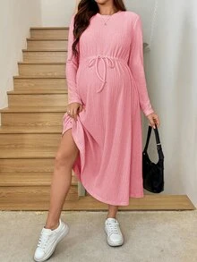 SHEIN Maternity Simple Textured Tie-Up Long Sleeve Dress Fall - Baby Pink - View 4