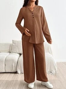 SHEIN Maternity Solid Color Rolled Sleeve Shirt And Pants Casual 2 Pieces Set Fall - Brown - View 6