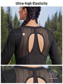 WanderVale Kaos Wanita Lengan Panjang Luar Ruangan Leher Bulat Potongan Belakang Bergaris Jala Warna Polos - Hitam - View 5