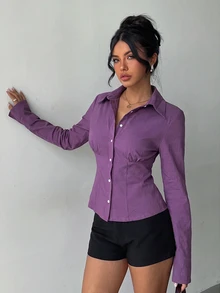 Aloruh 女款秋冬新款優雅春夏通勤日常簡約百搭旅行辦公純紫色短袖收腰百褶長袖襯衫 - 紫色 - 查看 9