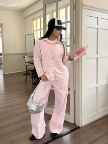 DAZY Women's Long Sleeve Single-Breasted Shirt And Long Pants Casual Denim Set Fall - Pink - View 3