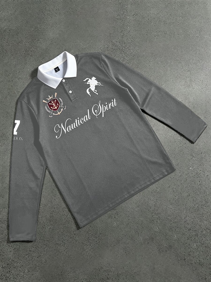 STYNVO 男士字母印花長袖休閒 Polo 衫 - 淺灰色 - 查看 1