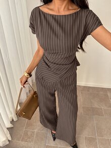 SHEIN PETITE Women's Striped Shirt & Pants Suit Set - Brown - View 4