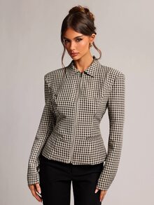 SHEIN BAE Women's Plaid Zipper Front Casual Regular Fit Jacket - Khaki - View 1