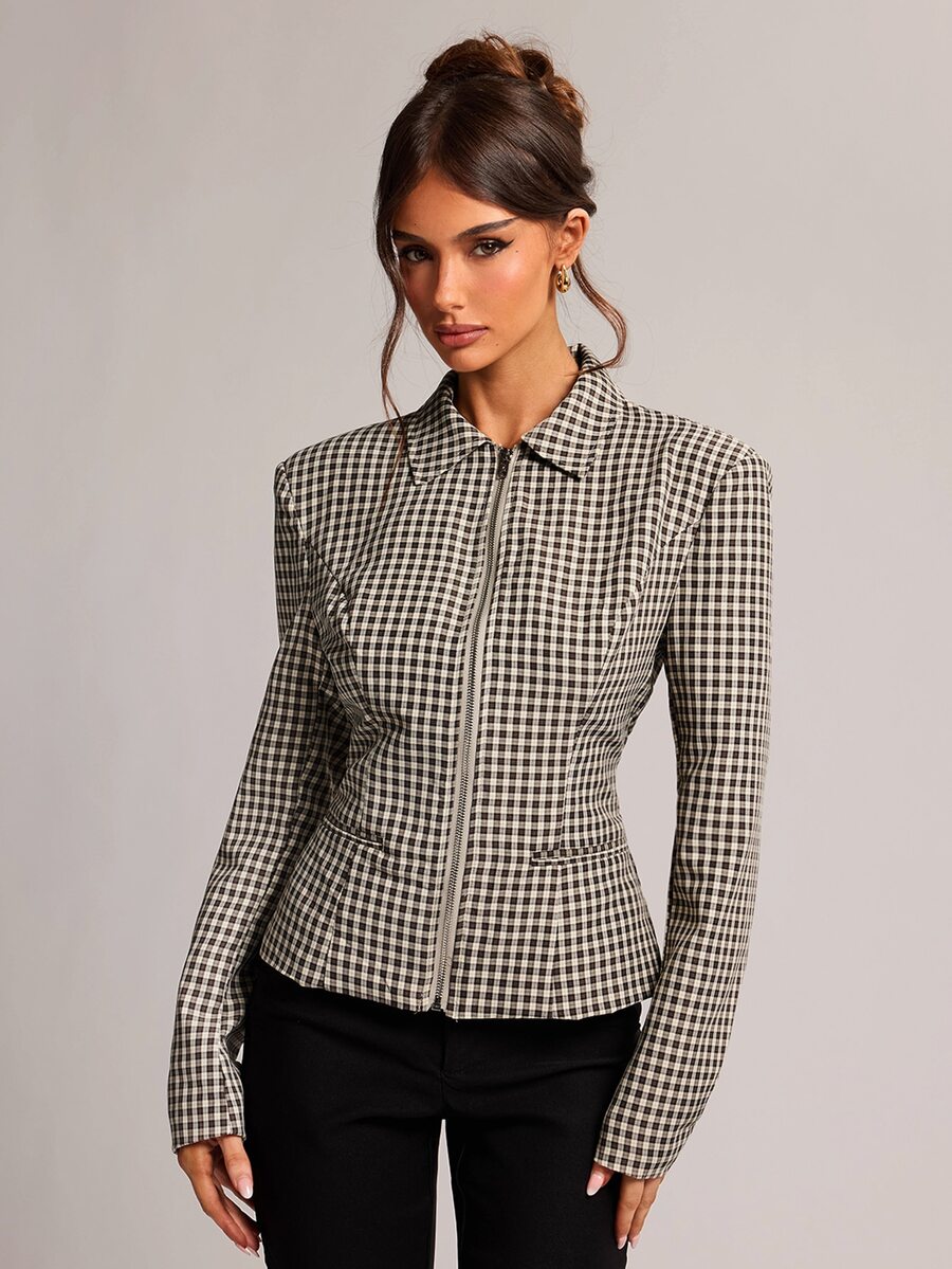 SHEIN BAE Women's Plaid Zipper Front Casual Regular Fit Jacket - Khaki - View 1