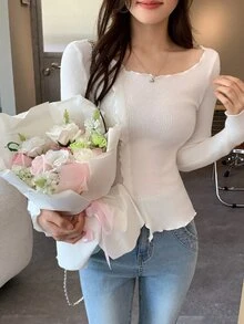 DAZY Kaos Lengan Panjang Gaya Korea dengan Trim Ruffle Asimetris untuk Wanita, Musim Semi/Panas/Gugur - Putih - View 9