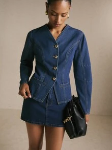Poéselle Women's Denim Casual V-Neck Top Jacket And Outerwear - Dark Wash - View 7