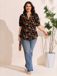 Comfylo 優雅浪漫楓葉印花大尺碼短袖女式襯衫 - 彩色 - 查看 4