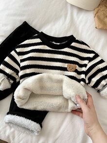 SHEIN 嬰兒男孩/女孩秋冬款黑白條紋圓領抓絨內裡加厚運動衫 - 黑與白 - 查看 6