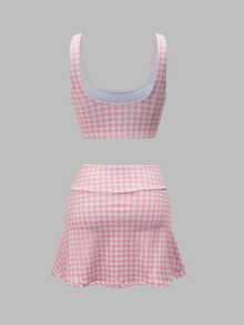 SHEIN Sovereign Charm Women's Plaid Cropped Tank Top & Skort Sports Set - Pink - View 2