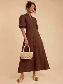 Travachic Women's Solid Color Short Petal Sleeve Single-Breasted Elegant Casual Dress - Brown - View 4