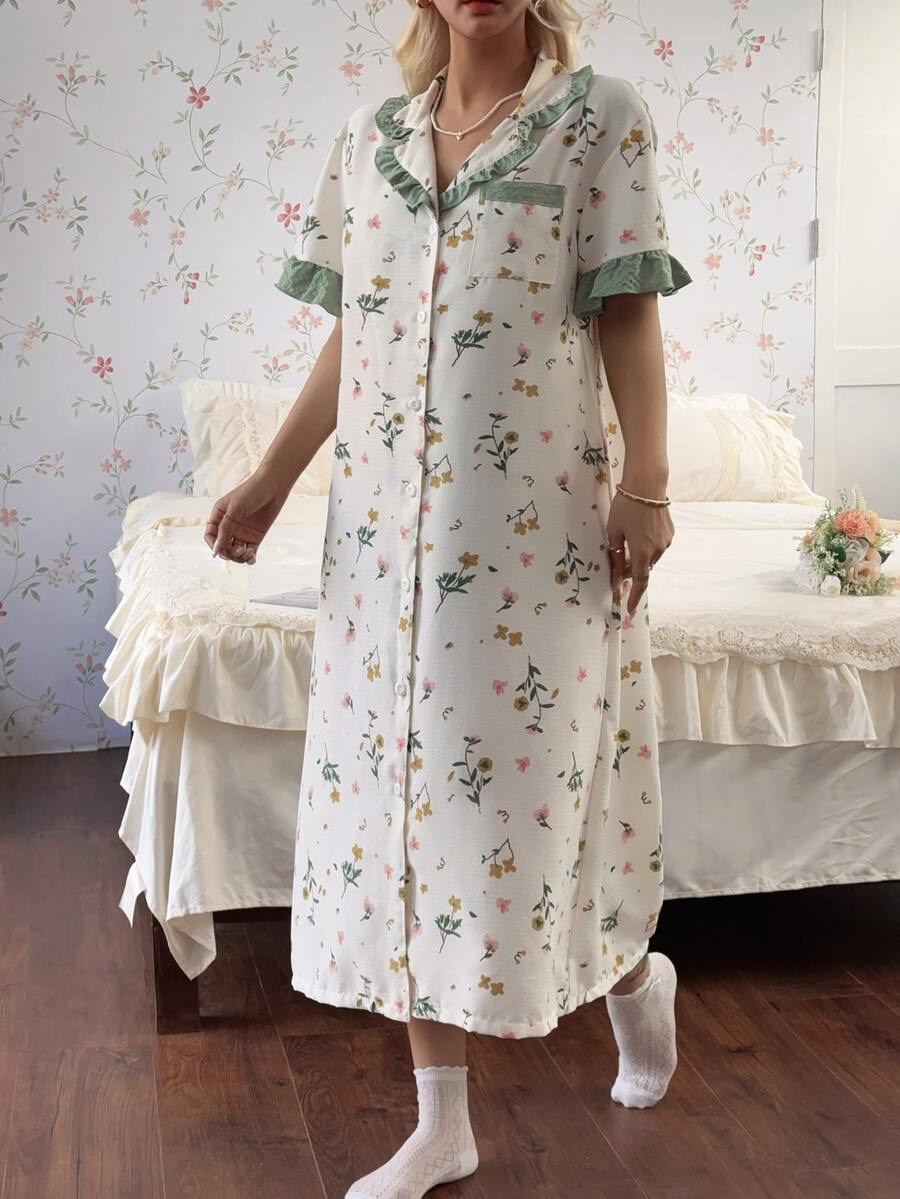 CottageSlumber 浪漫綠色碎花荷葉邊襯衫領女款長款睡袍 - 杏色 - 查看 1