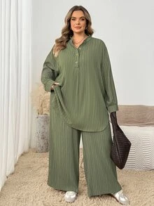 SHEIN CURVE+ 大尺碼立領長袖半拉鍊寬鬆休閒傳統圓弧下擺 2 件套秋季正式居家服 橄欖綠 - 綠色 - 查看 4