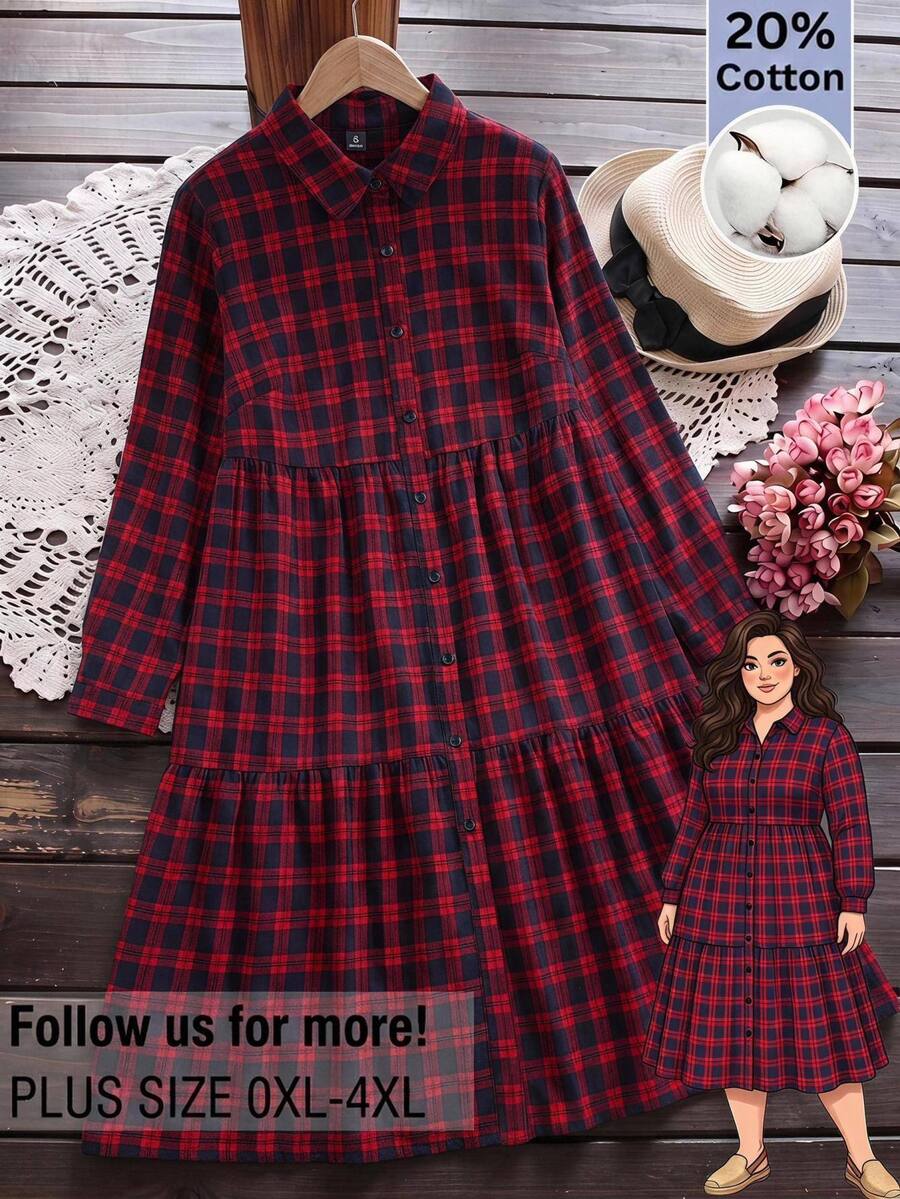 Rusticease Plus Size Plaid Lapel Long Sleeve Button Front Ruffle Trim Casual Shirt Dress Fall Winter 2026 - Multicolor - View 1