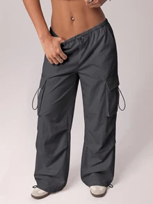 SHEIN x Lina SHEIN ICON Celana Kargo Hitam dengan Saku Lipat dan Tali Serut di Samping Pinggang - Grey - View 5